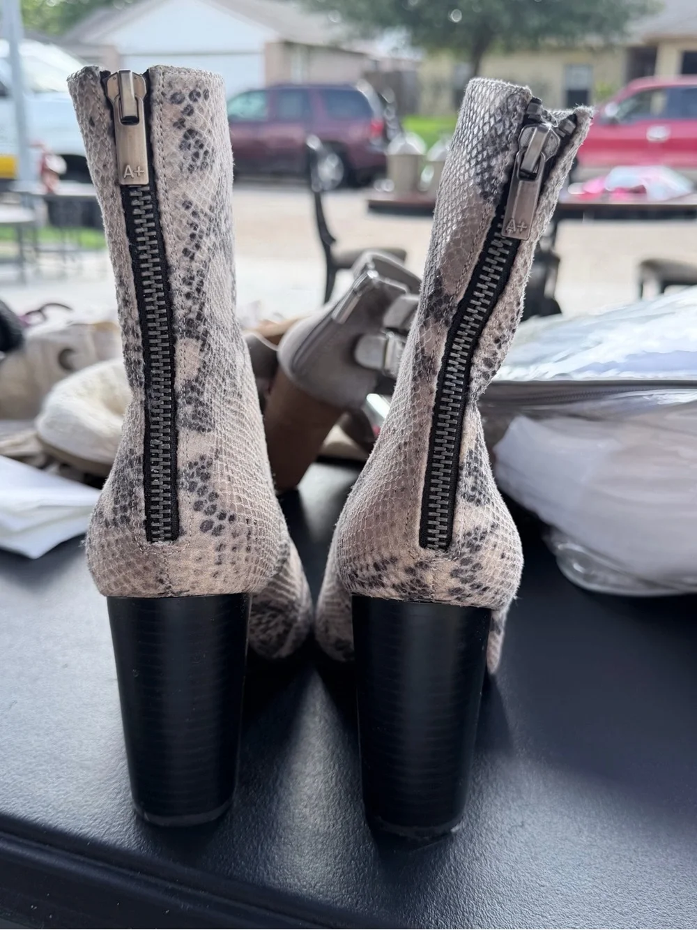 A+ Ellen Snake-Print Ankle Boots in Beige and Black